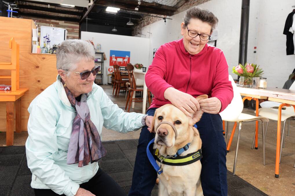 Journey: Anne Tudor and Edie Mayhew with Melvin the service dog at Little Square Garage, where Mr Velvet Ears will premiere. Picture: Kate Healy