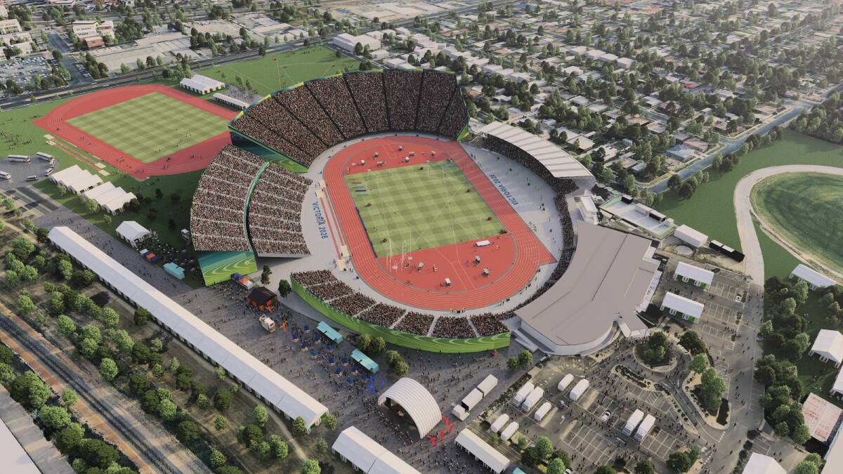 Concept art for Mars Stadium, showing Creswick Road blocked and the new warm-up track at the current showgrounds site.
