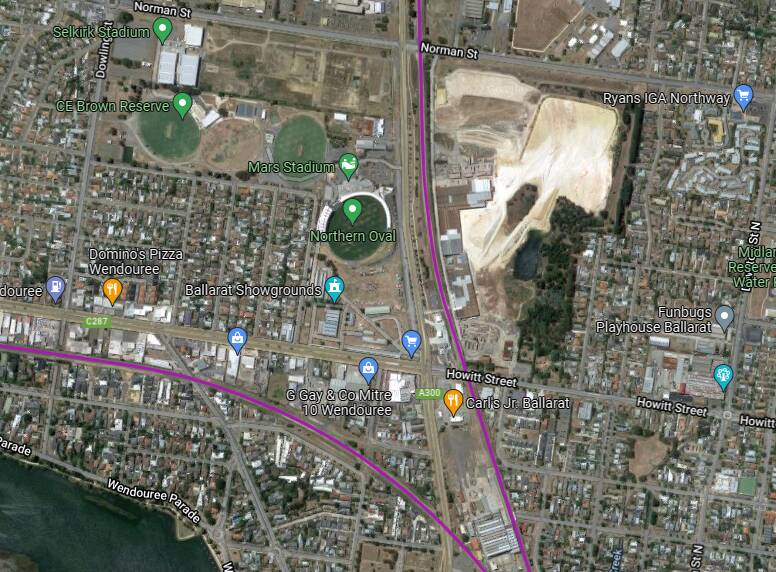 BRANCH: The purple line shows the existing rail line running north parallel to the Midland Highway past Mars Stadium - could a new station go here? Picture: Google Maps