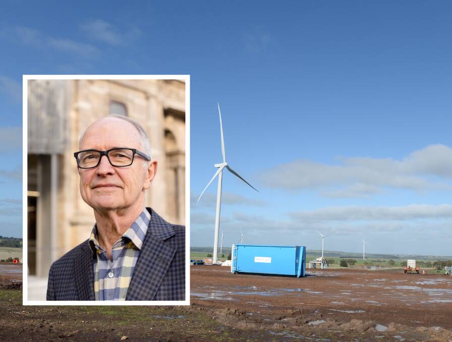 Action: Economist Professor Ross Garnaut will speak in Ballarat next week. Behind, the Stockyard Hill wind farm. Pictures: contributed, Kate Healy