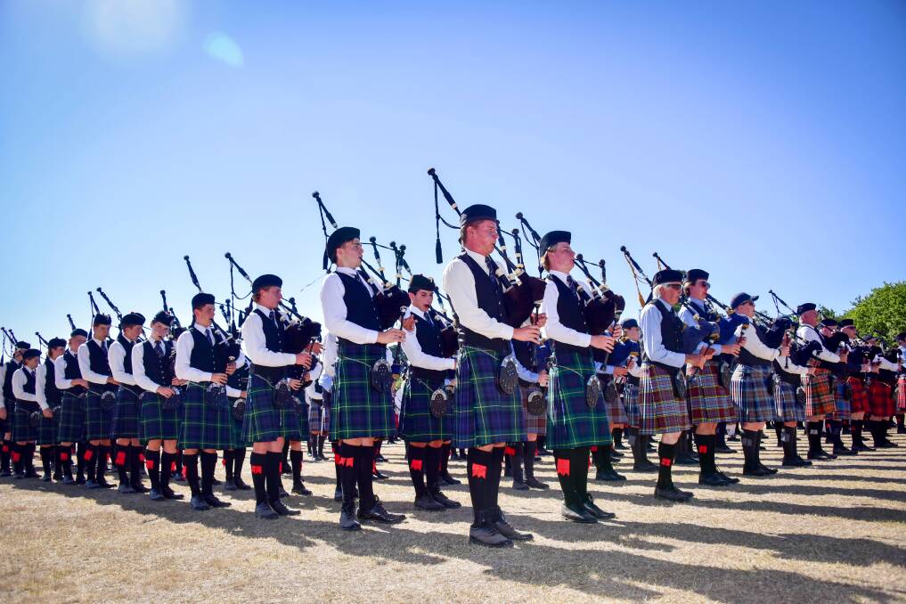 Pipers line up for the massed band performance in Ballarat. Picture: Brendan McCarthy