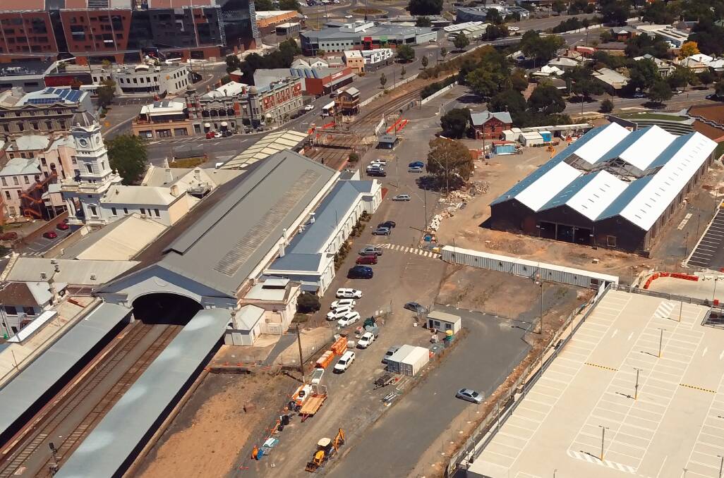 The Ballarat station and the wider precinct in summer, with Lydiard Street still closed and work about to get under way on the new bus interchange. Picture: Tony Ford GeoCon