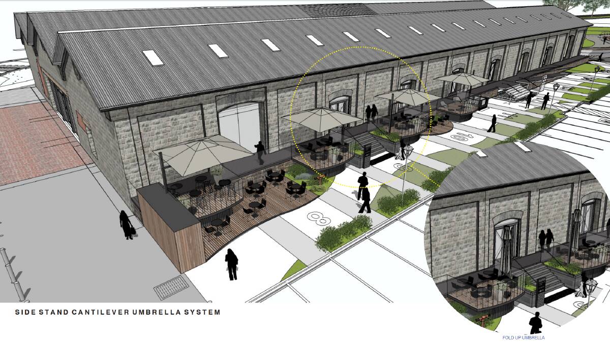 A concept image showing the outdoor dining area, with umbrellas and heaters.
