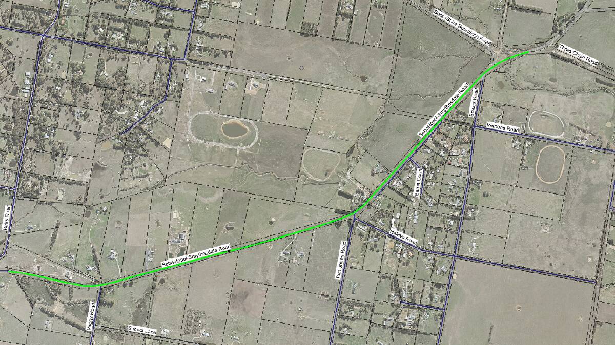 Proposal: A map showing the stretch of the Sebastopol-Smythesdale Road in Ross Creek which could have its speed limit changed. Picture: Golden Plains Shire Council