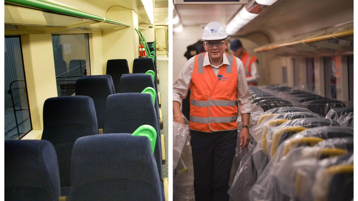 Before and after: Brand new trains in 2004 and Premier Daniel Andrews inspecting seats on the new carriages in November last year. Pictures: John Woudstra and Eddie Jim