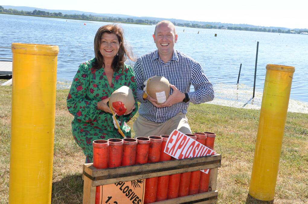 City of Ballarat councillor Samantha McIntosh with pyrotechnician Matthew Batty from Northern Fireworks for Lake Fireworks show on Sunday. Picture by Kate Healy