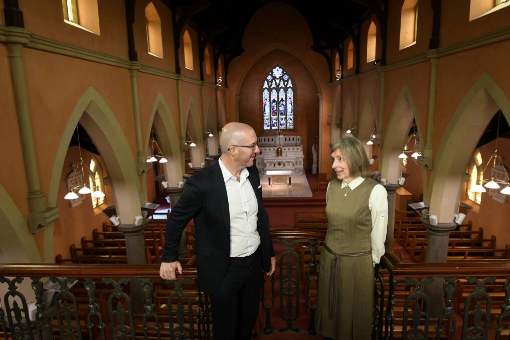 Saviour: Father Justin Driscoll with Organs of the Ballarat Goldfields assistant director Judy Houston at St Alipius' Church. Picture: Lachlan Bence