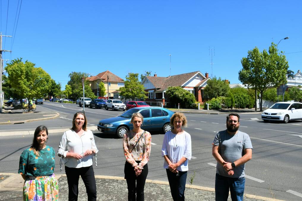 Time for action: School council member Natasha Ludowyk, Ballarat MP Catherine King, parent Lucinda Adamson, principal Natalie Toohey, and council vice-president Steven Rothberg at the busy intersection. Picture: The Courier