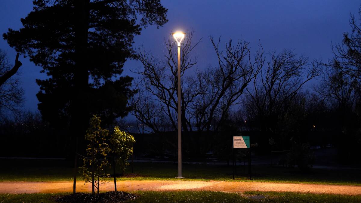 One of the Lake Wendouree lighting project's test lightpoles - this photo was taken at 5.35pm in July. Picture by Adam Trafford