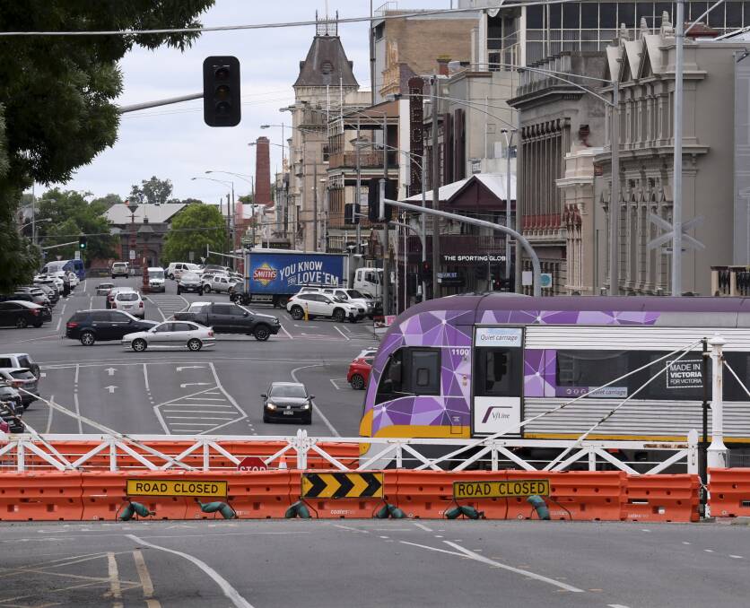 A V/Line train on Lydiard Street. Picture: Lachlan Bence