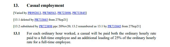 An excerpt from the current Fast Food Industry Award, showing casuals should be paid a 25 per cent loading.