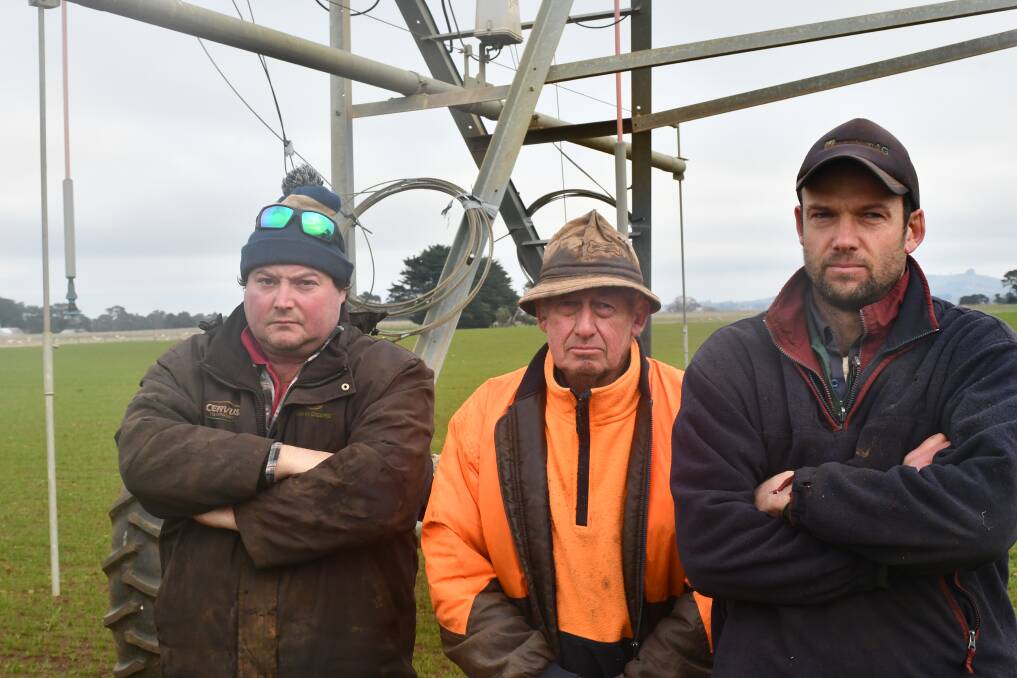 Anger: Dean's Danny Maher and Mount Prospect's Kevin and Chris Stephens are potato farmers furious at the Western Victoria Transmission Network Project.