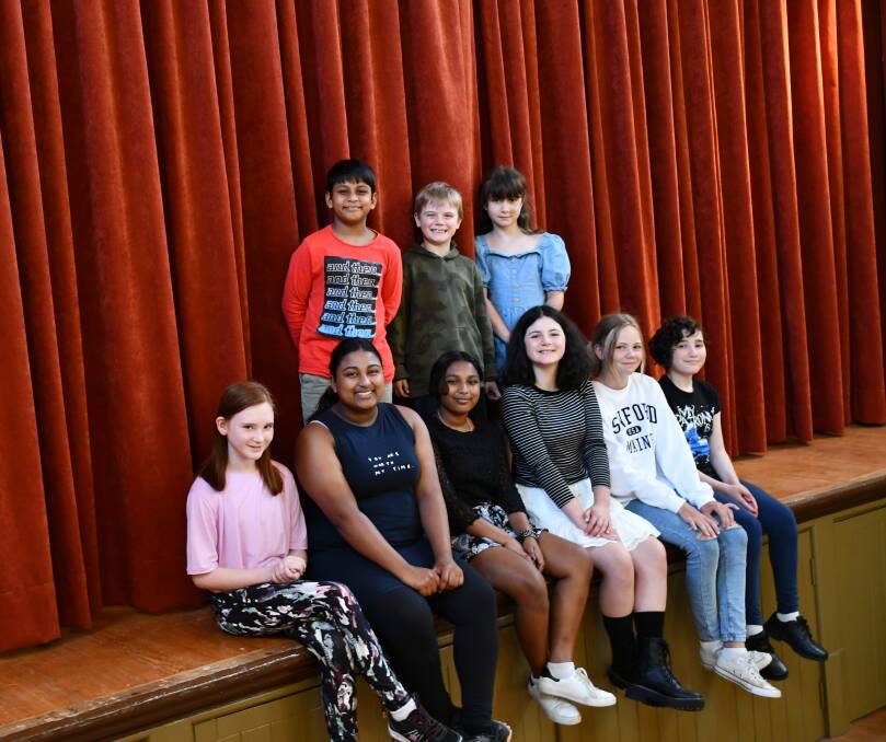 Lights, camera: ATA Acting Studio's school holiday class at the Buninyong Town Hall (back, from left) Rithesh, Orion, and Stella, (front) Zoe, Sushmitha, Sindhura, Despina, Skye, and Danika. Picture: The Courier