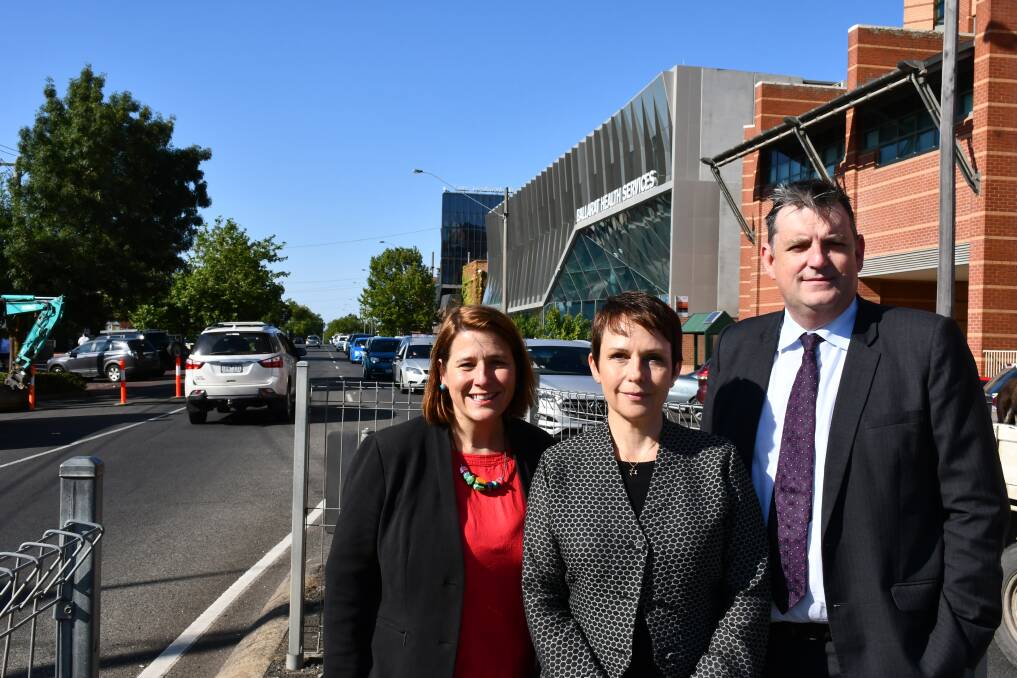 Wendouree MP Juliana Addison, state Roads Minister Jaala Pulford, and Ballarat Health Services chief executive Dale Fraser.