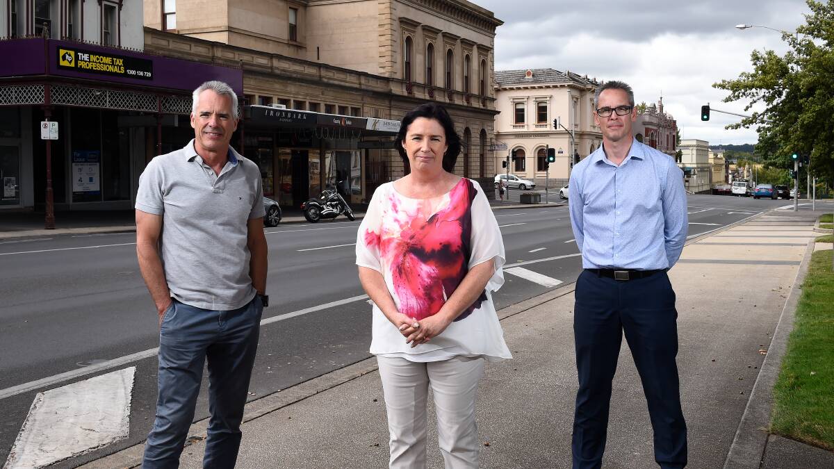 Slow and steady: Committee for Ballarat chief executive Michael Poulton, Commerce Ballarat chief executive Jodie Gillett, and City of Ballarat mayor Ben Taylor. Picture: Adam Trafford