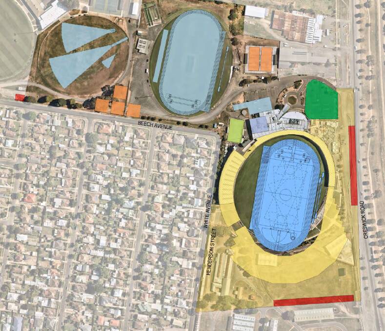 A preliminary draft design for the athletics facility at Eureka Stadium - note the shape of the track.