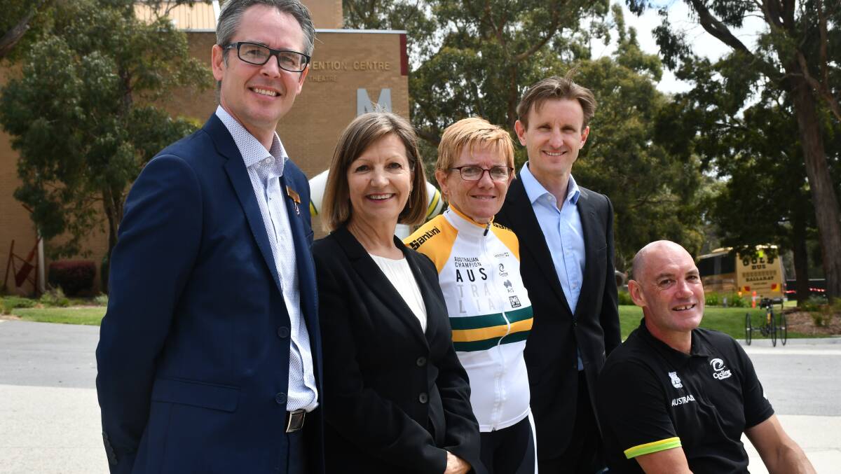Councillor Ben Taylor with Federation Uni pro vice-chancellor Prof Helen Bartlett, gold medallist Carol Cooke, Cycling Australia chief executive Steve Drake, and Paralympian Stuart Tripp at the 2019 Road National Championships launch.