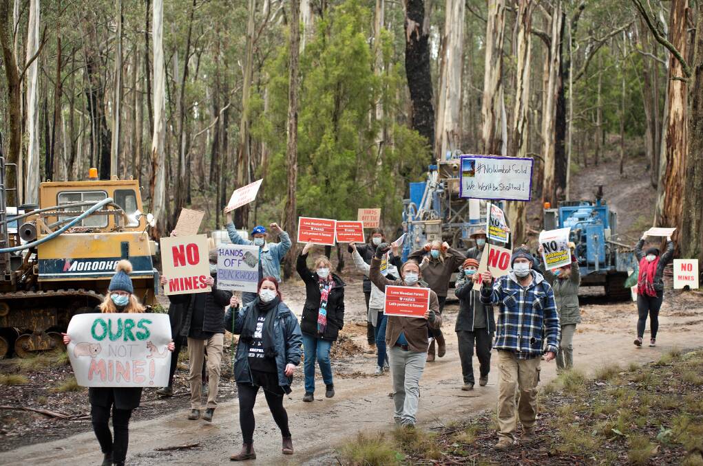 Rally: Blackwood residents protest gold mine exploration in the Wombat State Forest. Picture: Sandy Scheltema