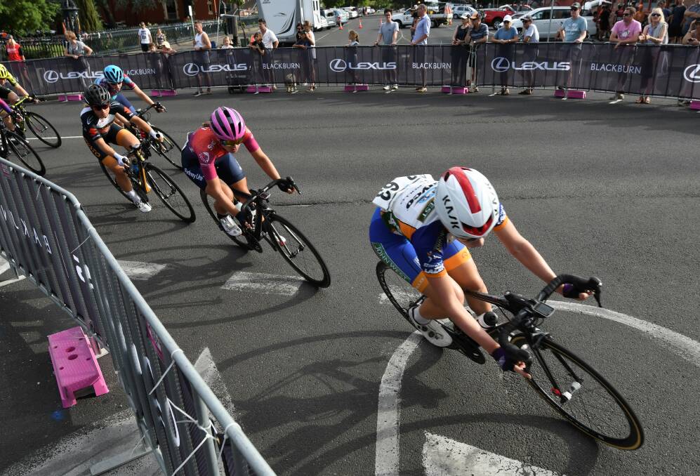 Riders curve onto Sturt Street in the women's criterium. Picture: Lachlan Bence
