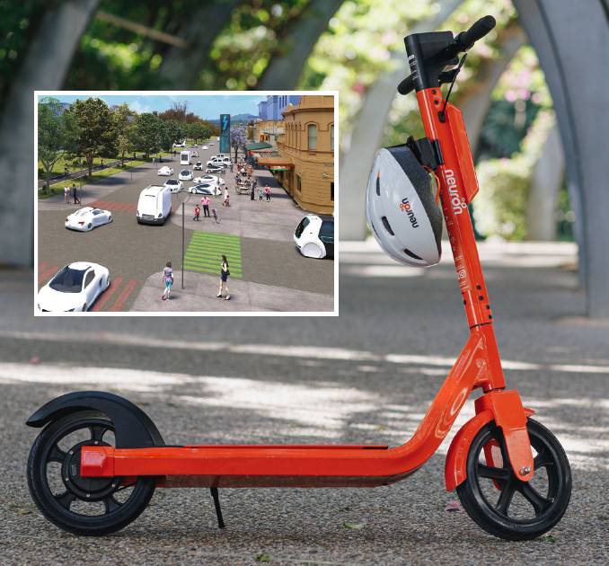 A Neuron N3 scooter, and a concept image of Sturt Street in the future.