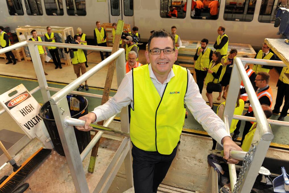 Victorian premier Daniel Andrews at the Alstom factory in 2015. Picture: Lachlan Bence