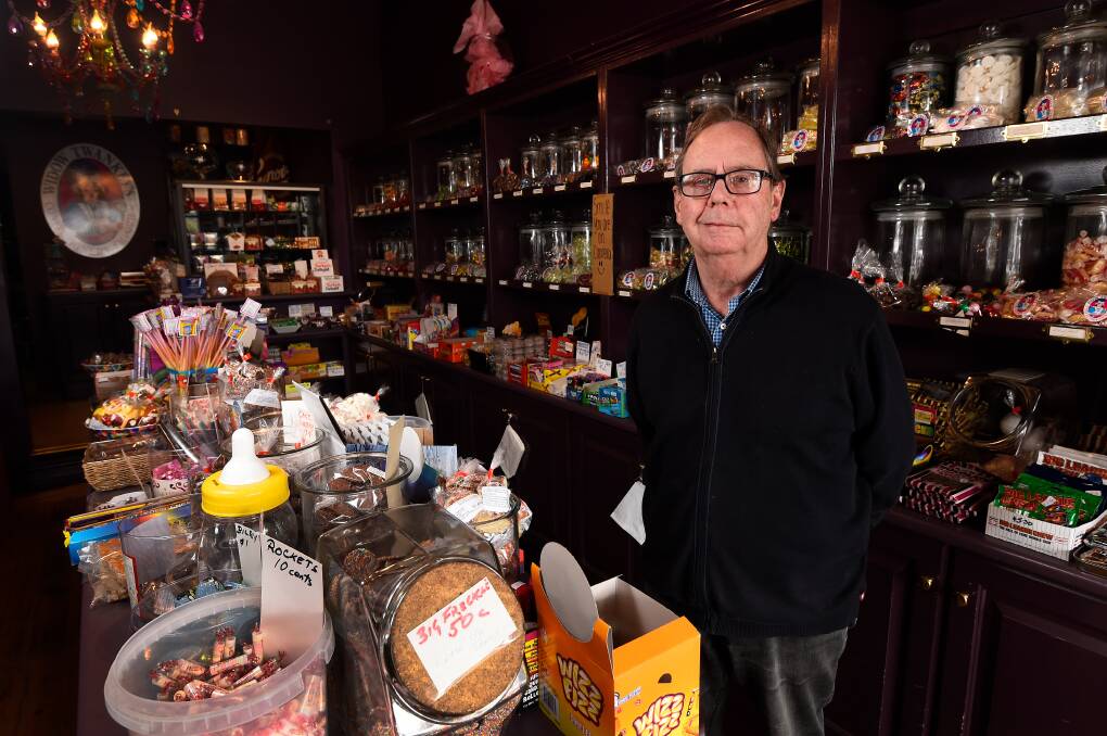 Tim Hayes at his Clunes shop Widow Twankeys Cafe and Confectionery Emporium in 2020. Picture by Adam Trafford