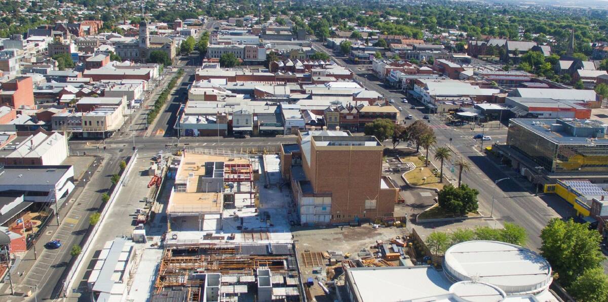 The block on Mair Street between Armstrong Street North and Doveton Street, looking south, with GovHub and Civic Hall in the foreground. Picture: Skyline Drone Imaging