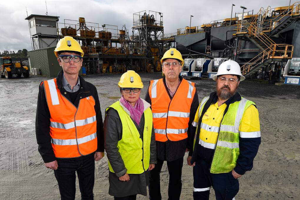 James Sorahan - Minerals Council of Australia Victorian Executive Director, Elizabeth Lewis-Gray - Chairman and Managing Director Gekko, Nick Beale - Chair for Committee For Ballarat and Stephen Jeffers - GM Castlemaine Goldfields Limited pose for a photo at the Castlemaine Goldfields Limited Ballarat Gold Mine. Picture: Adam Trafford