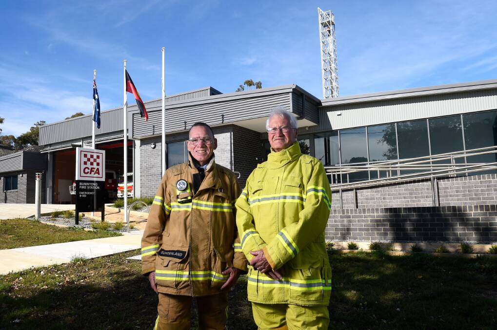 Ready to roll: Buninyong-Mount Helen volunteers Des Sunderland and Ron Gilchrist in front of the new fire station. Pictures: Adam Trafford