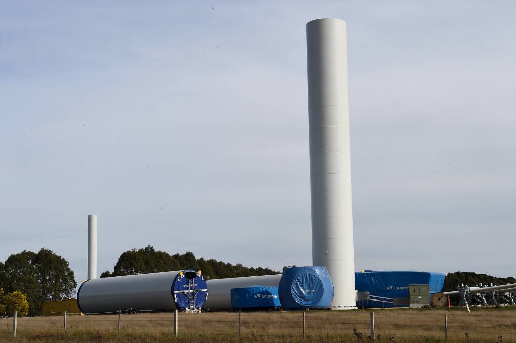 A turbine under construction at the Moorabool Wind Farm last week. Picture: Adam Trafford