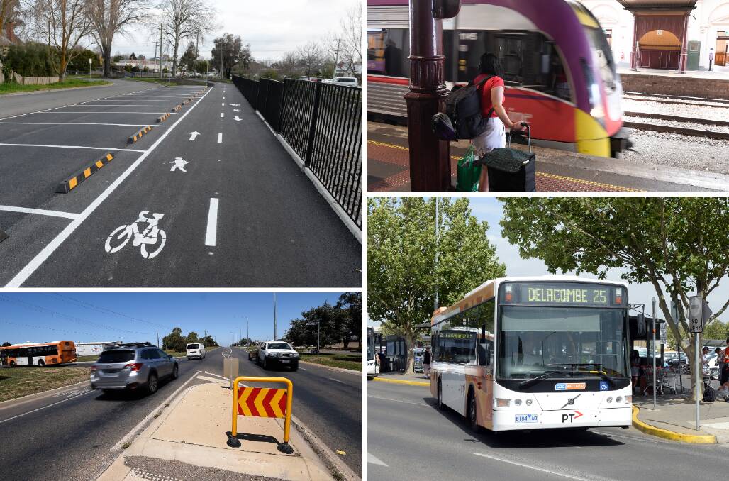 Going places: How we get around Ballarat is slowly changing as new projects are finished, but council will to continue to advocate for more improvements - clockwise from left, the new shared path on Anderson Street East, a person waits for a train at Ballarat station, a bus leaves Little Bridge Street, and a crossing at Learmonth Street.
