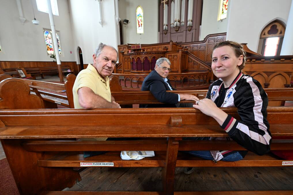 Ballarat Performing Arts Community's Mike Whitehead, Peter Kingsbury, and Beth Lamont in the Neil Street Church. Picture by Lachlan Bence