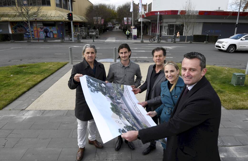 Hassell architects Mark Haycox and Adam Gardner with Bridge Mall Business Association vice-president Shane Donnithorne and City of Ballarat deputy mayor Amy Johnson and mayor Daniel Moloney. Picture: Lachlan Bence