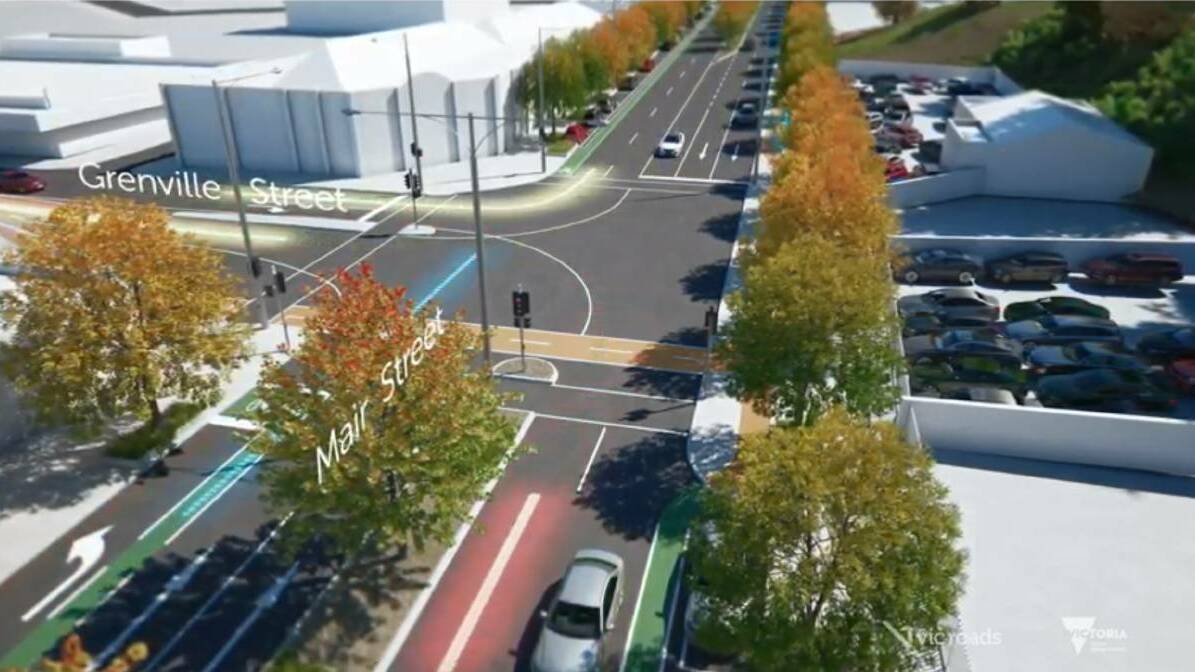 A design of the Grenville Street intersection with Mair Street from a Regional Roads Victoria video from March.