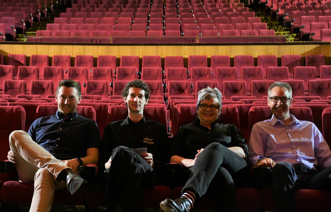 Where's the popcorn: Jack Anderson's descendants Ben Wilkie and Patrick Anderson, Large As Life co-creator Erin McCuskey, and City of Ballarat mayor Ben Taylor sitting in The Regent's Cinema One.