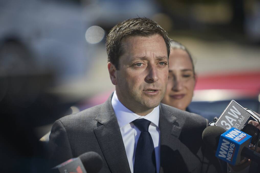 Ready for round two: Matthew Guy speaks in Ballarat ahead of the 2018 state election. Picture: Luka Kauzlaric