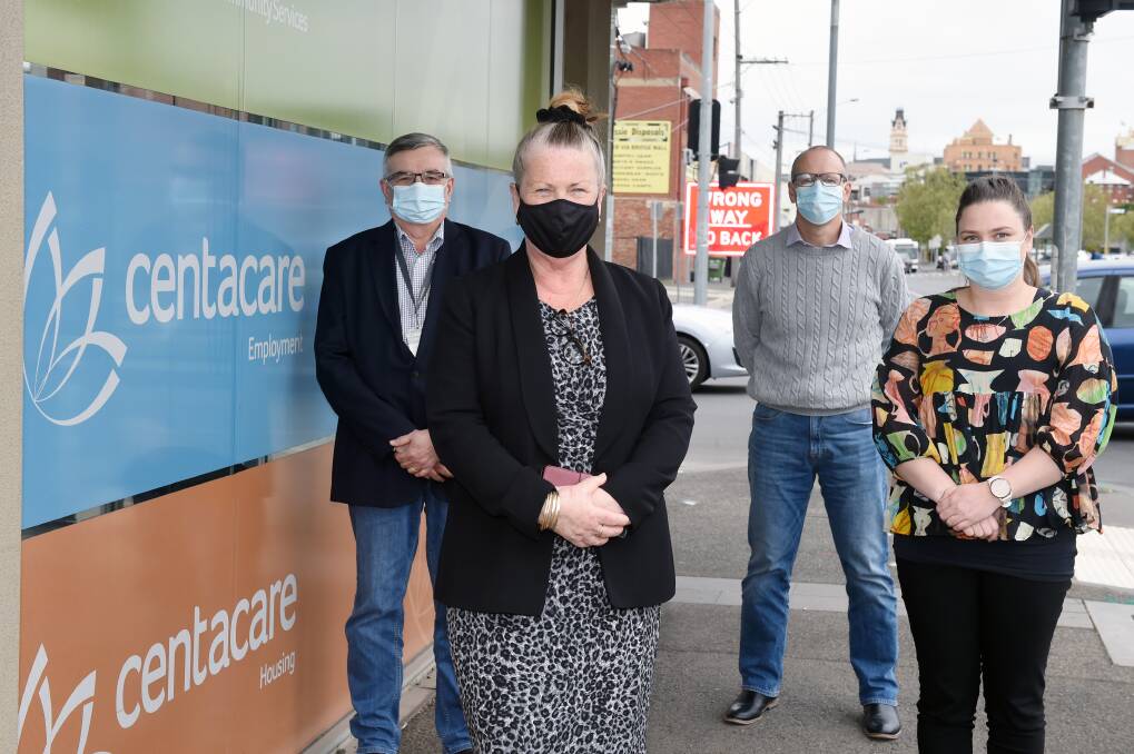 Centacare Ballarat's chief executive Tony Fitzgerald, board chair Maureen Waddington, general manager Ross Wheatland, and marketing and communications officer Jenny Phillips at the Peel Street office. Picture: Kate Healy