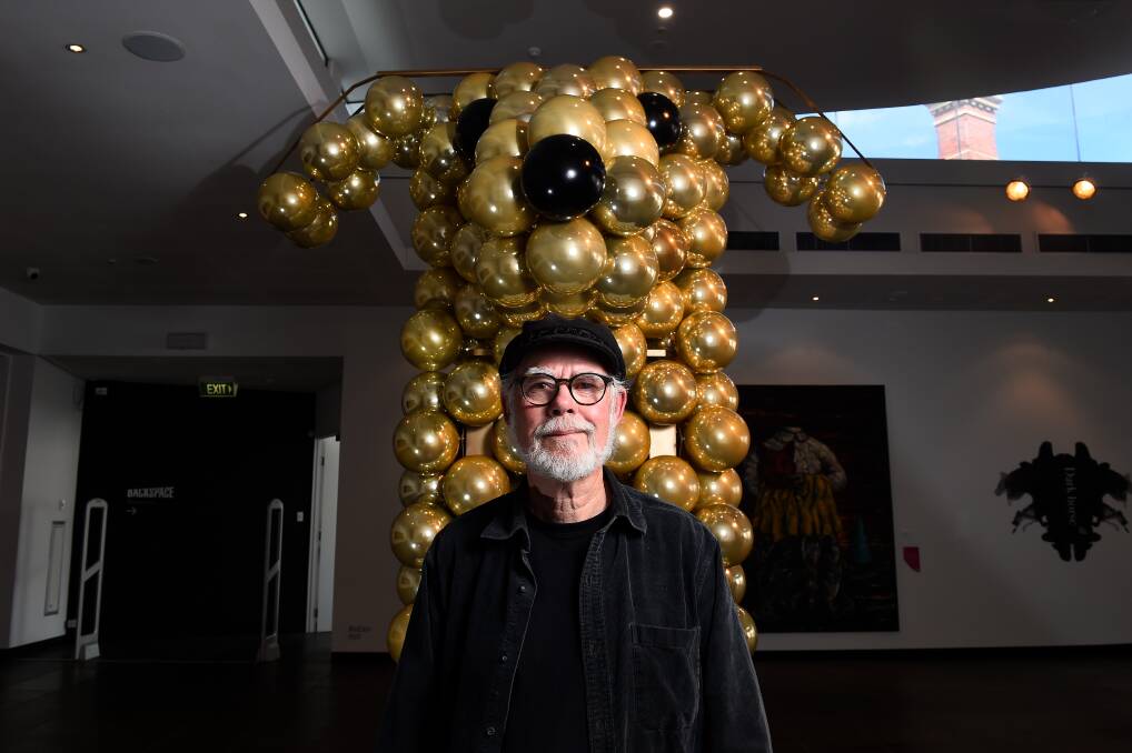 Shiny: Artist Geoff Bonney with Pearl dog at the Art Gallery of Ballarat. Picture: Adam Trafford