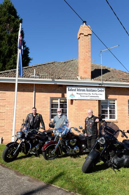 Ready to roll: MBMMC members Bob Reid, Tom Nunn, and Steve Plowright outside the Veterans Assistance Centre. Picture: Kate Healy