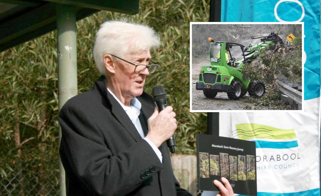 Reflecting: Moorabool mayor Tom Sullivan at the recent book launch, and (inset) workers begin clearing roads after the storm in June 2021. Pictures: contributed/Lachlan Bence