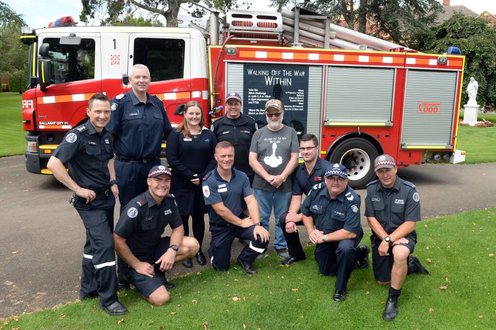 Walking Off the War Within's John Shanahan, father of Nathan, with representives from Ballarat City Fire Brigade, Western Region Victoria Police, Ballarat & District Suicide Network, ESTA (000), Paramedic Community Support, and Rapid Relief Team Australia. Picture: Kate Healy