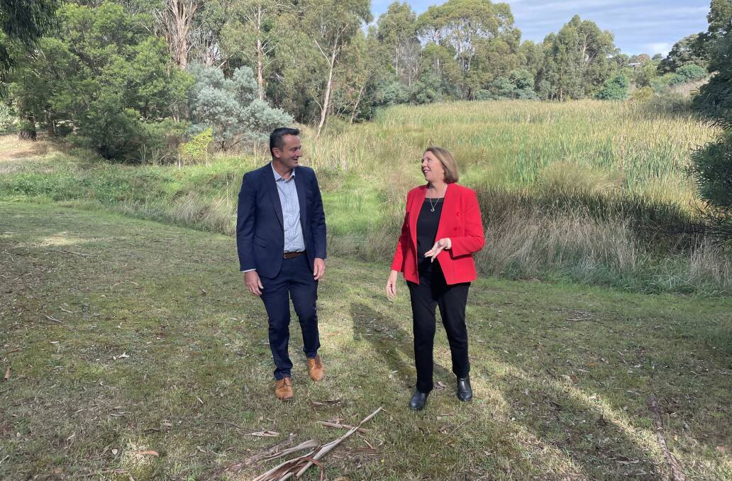 City of Ballarat mayor Daniel Moloney with Labor candidate Catherine King at the Yarrowee Creek in Redan. Picture: The Courier