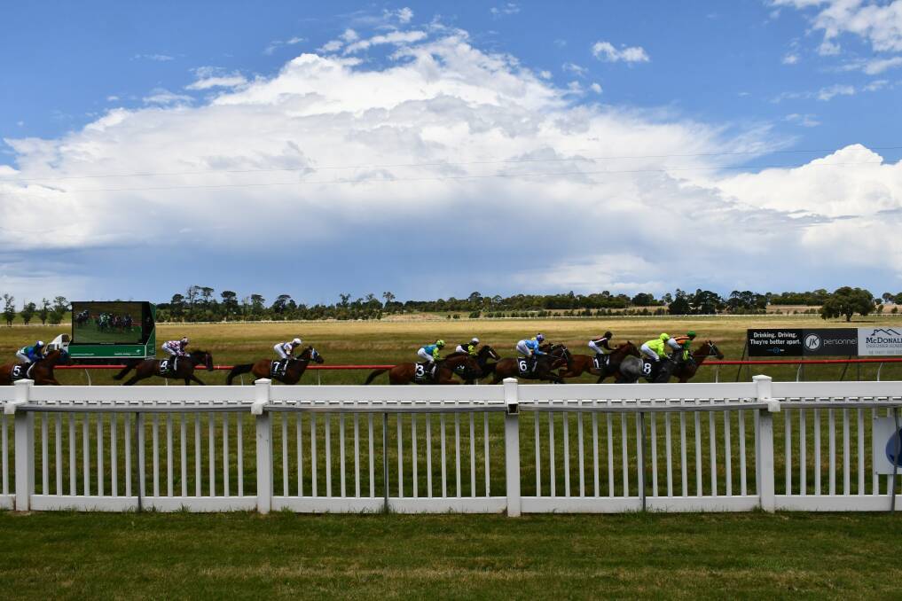 Running home: Horses in race one on Burrumbeet Cup day. Pictures: The Courier