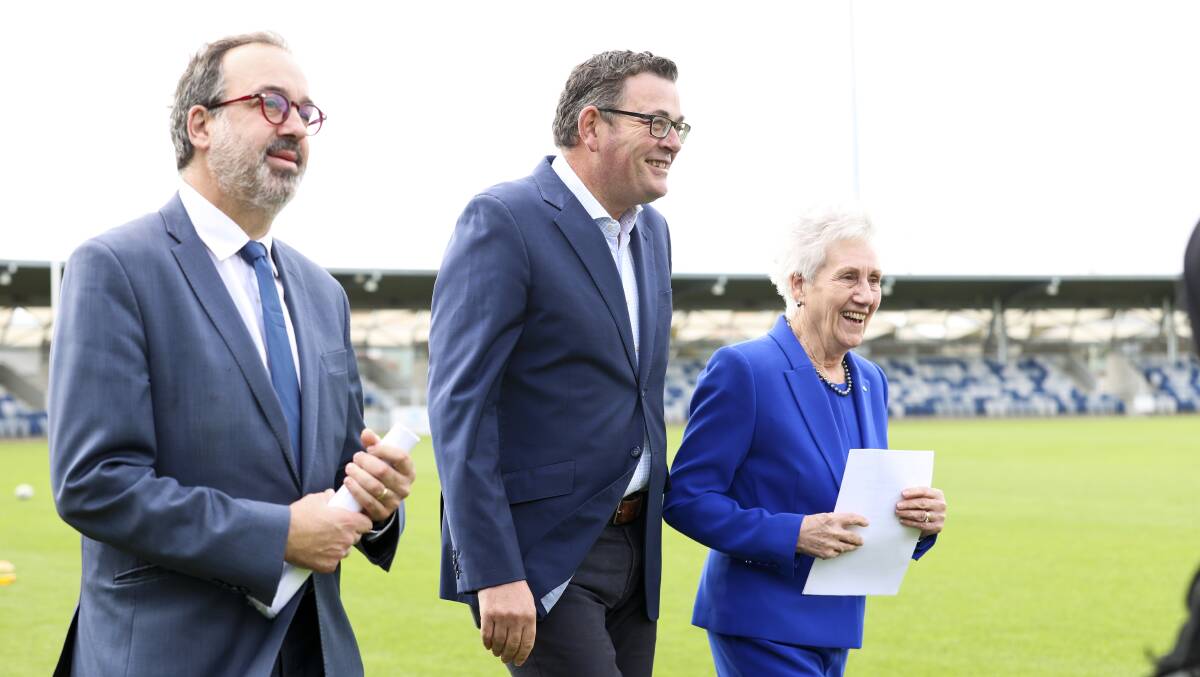Premier Daniel Andrews announcing the Commonwealth Games coming to Ballarat in April 2022, with then-sport minister Martin Pakula and Dame Louise Martin. Picture by Luke Hemer