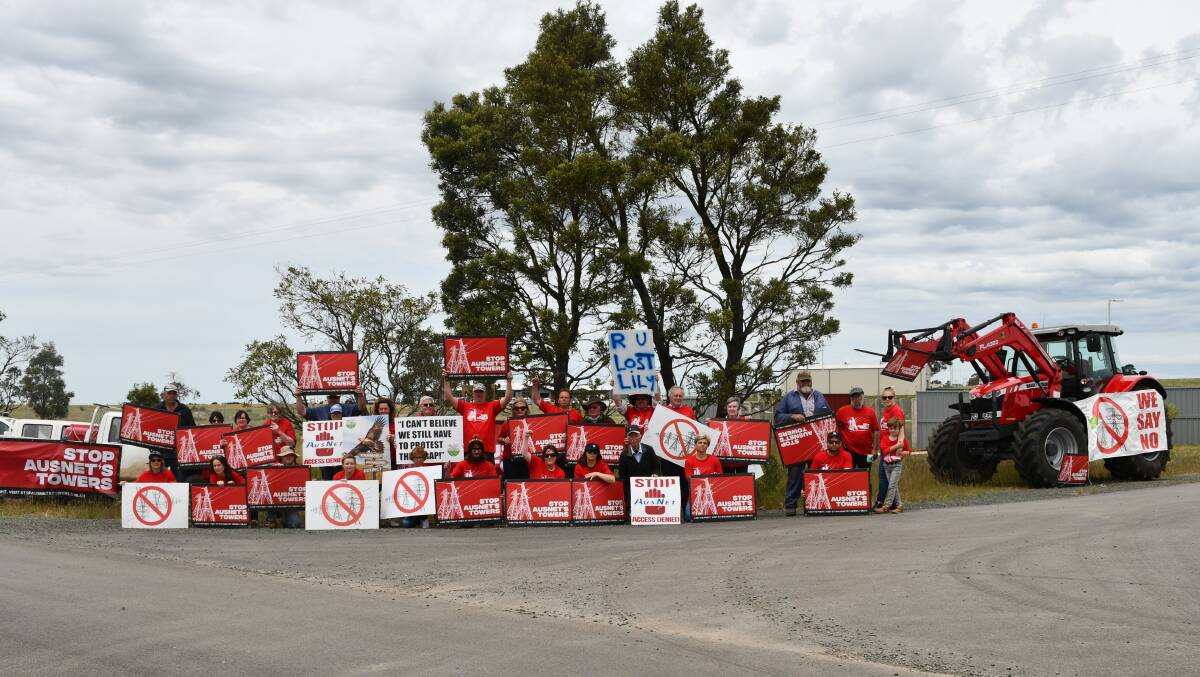 Stop AusNet's Towers protestors outside the Ballan CFA training facility on Tuesday. Picture: The Courier