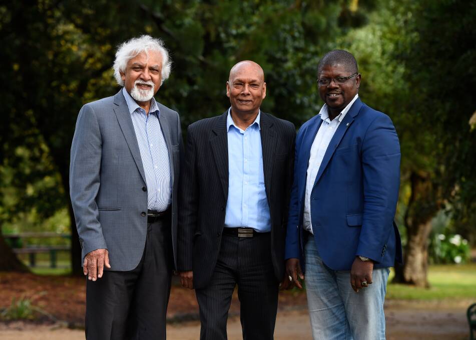 Walking together: Event coordinator Dr Sundram Sivamalai (centre) with the Emotional Well-Being Institute's Professor A. Basseer Jeeawody and Dianko Lamine, are encouraging people to join the walk in Buninyong. Picture: Adam Trafford