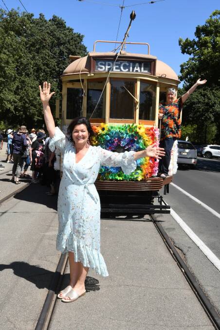 Bright: The special Begonia Festival tram was unveiled on Sunday, with mayor Samantha McIntosh and coordinator Pamela Waugh. Pictures: Lachlan Bence