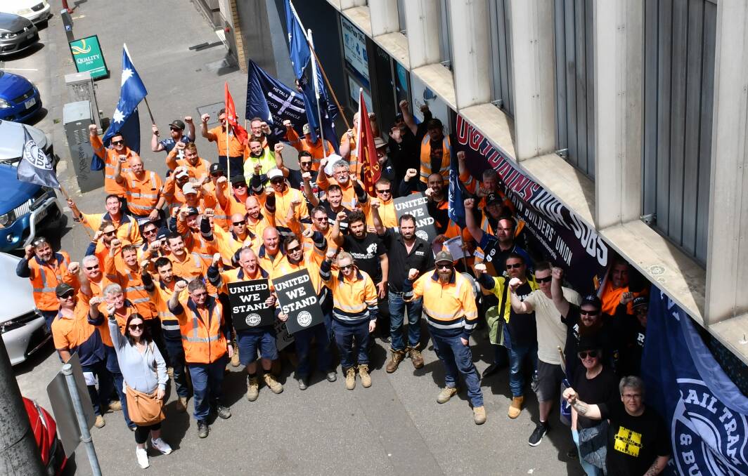 Solidarity: Alstom workers gather in front of Wendouree MP Juliana Addison's office.