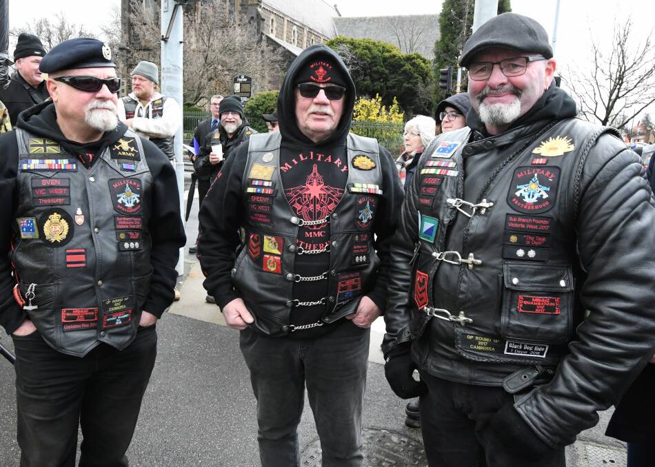 Brothers in arms: Military Brotherhood military motorcycle club Ballarat sub-branch members Steve Plowright, Greg Green, and Matt Lund. Picture: Lachlan Bence