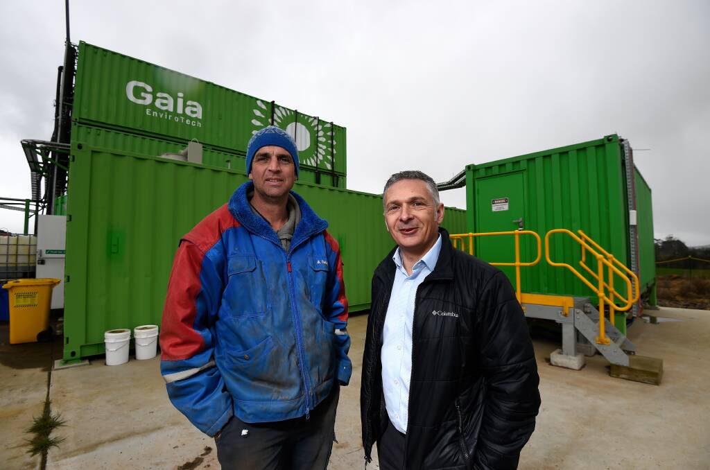 Bungaree dairy farmer Mark Trigg with Gekko's Richard Goldberg in front of the Gaia plant. Pictures: Adam Trafford